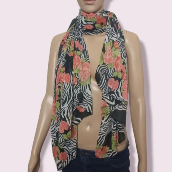 Accessories - Sheer Zebra And Rose Print Scarf